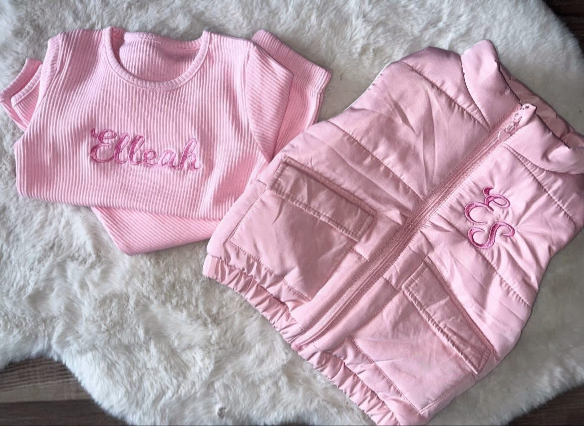 Pink ribbed lounge wear and Gilet set