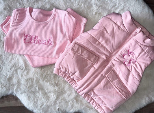Pink ribbed lounge wear and Gilet set