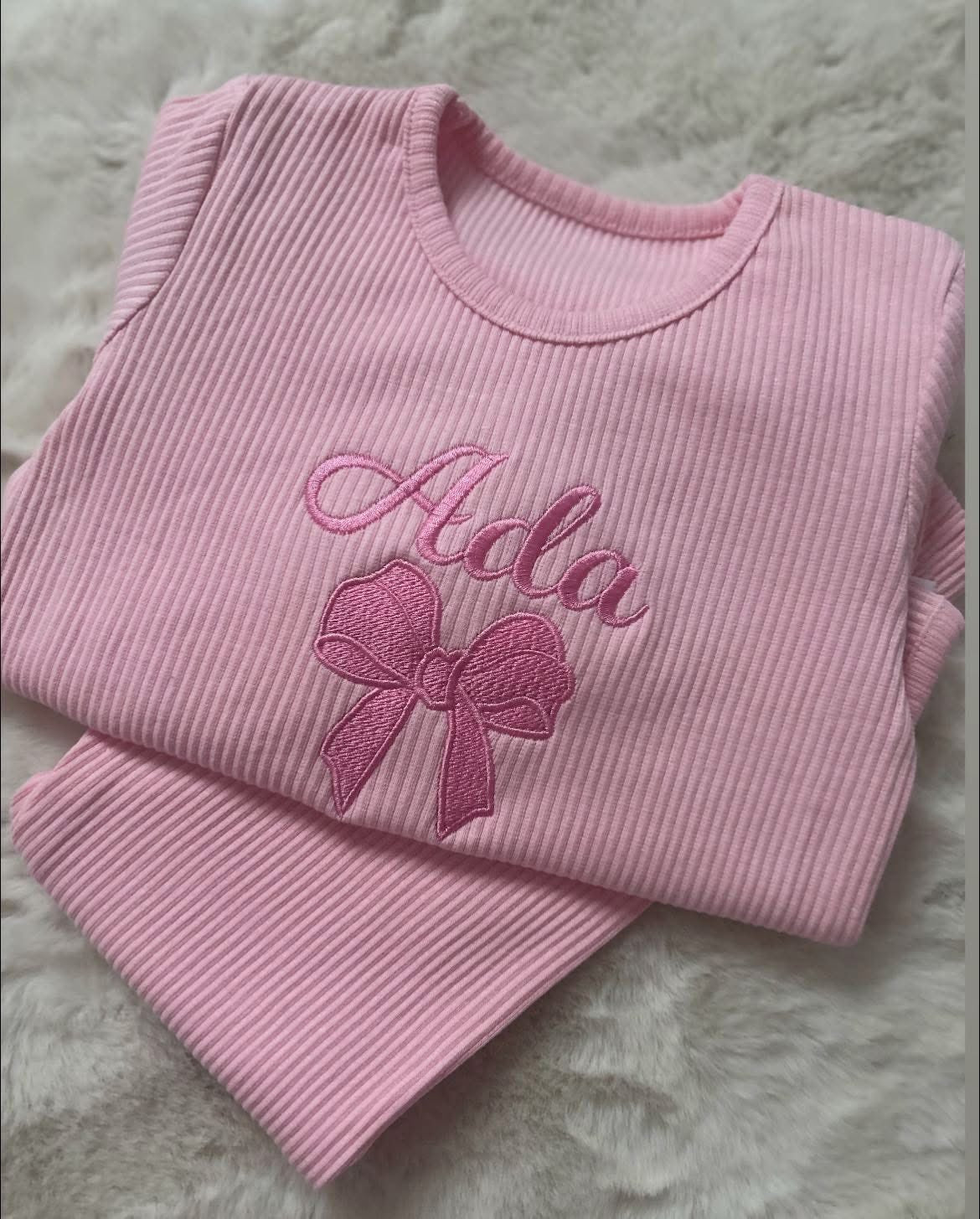 Pink ribbed bow lounge set