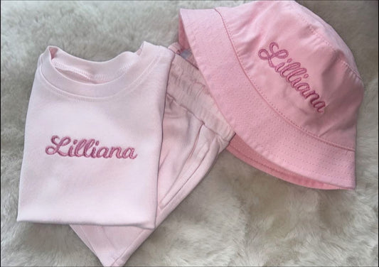 Pink cotton short set with matching bucket hat